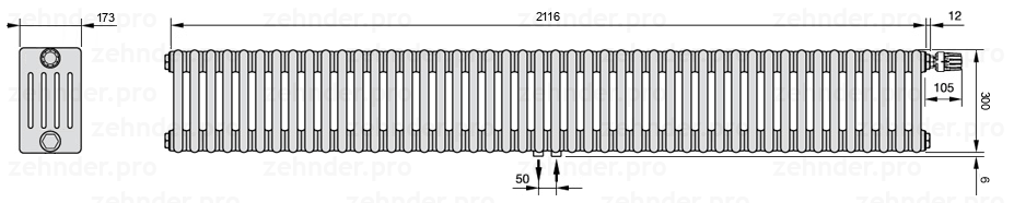 Схема (чертеж) Радиатор Zehnder Charleston 5030/46 №V008 Белый глянцевый RAL 9016